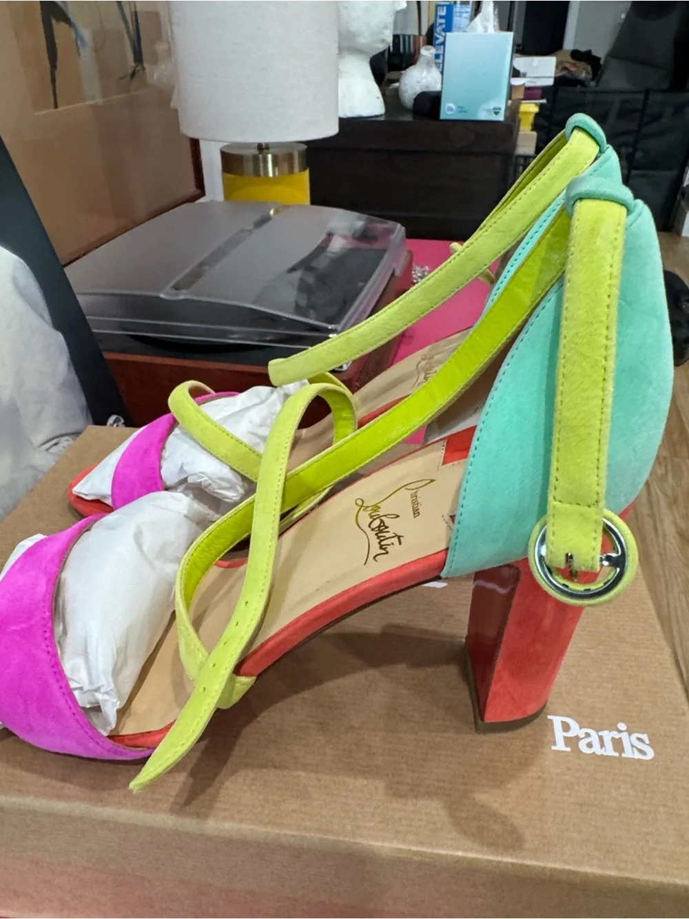 Christian Louboutin Multicolor Suede Block Heels - Pink, Green, Red, Yellow